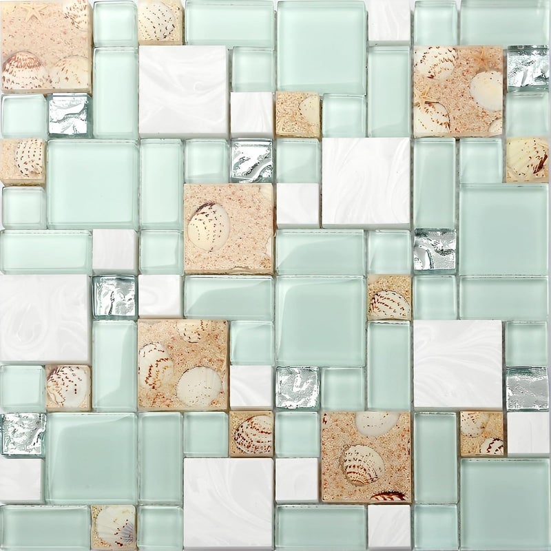 Hominter Coastal Beach Glass Stone Mosaic Tile – Lake Green, White & Sandstone Shell Design for Kitchen Backsplash, Bathroom and Shower Walls, Spa Decor (3x12 Sample) - Image 2